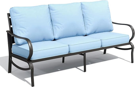 PHI VILLA Metal Patio Sofa with 5.75" Extra-Thick Waterproof Cushion, 3 Seater Deep Seat & High Back Outdoor Couch, All Weather Porch Furniture for Deck Backyard Front Porch Apartment,Blue