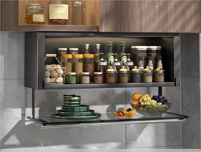 Modern Pull Down Cabinet Organizer Multifunctional Pantry Shelf with Transparent Glass Panel Space-Saving Kitchen Closet Storage,Ideal for Home