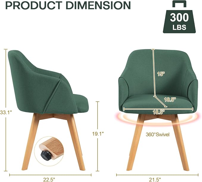 Swivel Dining Chairs Set of 4, Mid Century Modern Dining Chairs with Arms, Linen Fabric Upholstered Kitchen Dining Room Chairs with Solid Wood Legs for Living Room,360°Swivel Accent Desk Chair, Green