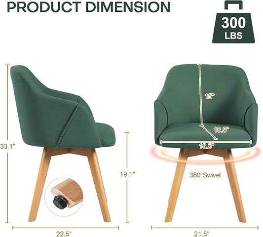 Swivel Dining Chairs Set of 4, Mid Century Modern Dining Chairs with Arms, Linen Fabric Upholstered Kitchen Dining Room Chairs with Solid Wood Legs for Living Room,360°Swivel Accent Desk Chair, Green
