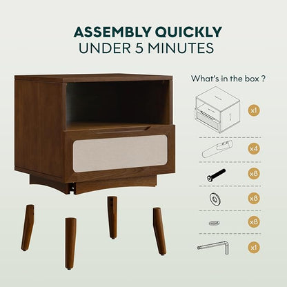 Bme Calista Nightstand 1 Drawer – Solid Wood Chestnut Finish Bedside Table with Open Shelf & Fabric Panel Drawer, Mid-Century Modern Style with Tapered Legs, Easy Assembly