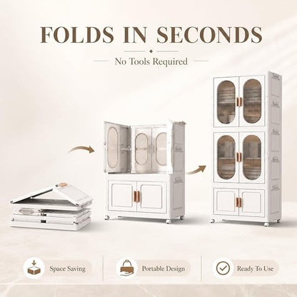 2-Tier Hanging Foldable Closet with Storage Bin, 3-Tier Portable Armoire Organizer, Modular Folding Cabinet with Doors & Wheels for Nursery Room Organization, Clear