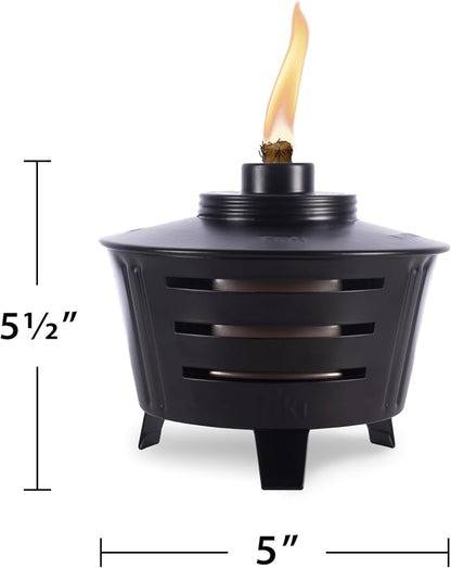 TIKI Mini Fire Pit Tabletop Torch 2-Pack, Outdoor Decorative TIKI Torch for Patio, Backyard, and Garden, Black Metal Tabletop Flame Torch, Includes Long Lasting Wick and Snuffer