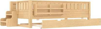 Bellemave Twin Kids Montessori Bed with Stairs, Bookshelf and Trundle, Solid Wood Kids Bed Frame with Storage for Boys Girls, Low Profile,Light Natural