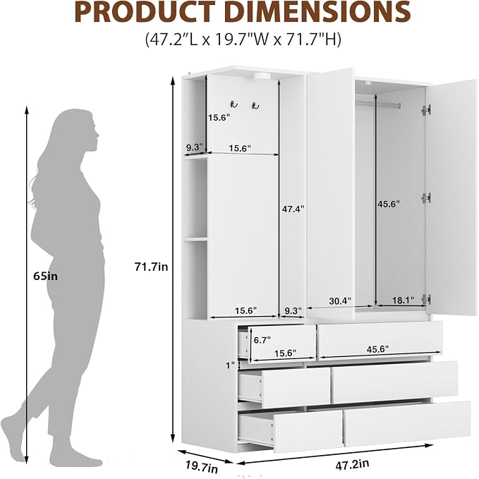White Wardrobe Closet with Mirror and LED Light, Armoire Wardrobe with 6 Drawers, Hanging Rod, Open Shelves, Freestanding Bedroom Storage Cabinet