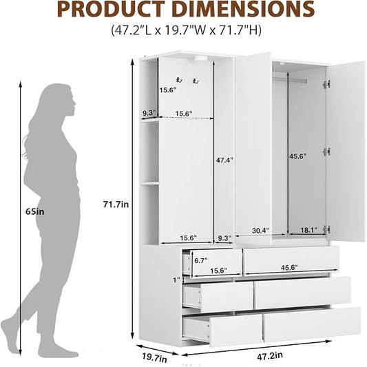 White Wardrobe Closet with Mirror and LED Light, Armoire Wardrobe with 6 Drawers, Hanging Rod, Open Shelves, Freestanding Bedroom Storage Cabinet