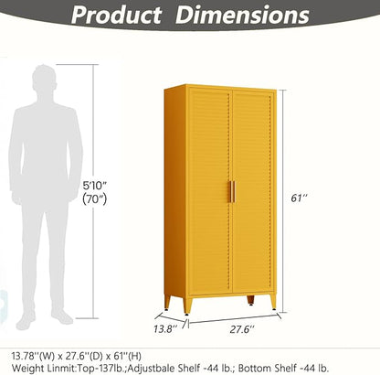 Yellow Metal Storage Cabinet, 4-Tier Tall Cabinet with Adjustable Shelves and Hanging Rod, Louvered Door Freestanding Lockers for Home, Living Room, Kitchen, Bedroom,garage 61" H X 27.6" W X 13.8" D