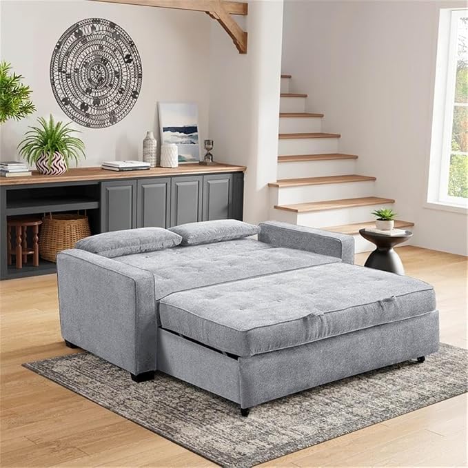 Serta Ainsley 66.5" Convertible Sleeper Loveseat, Full Size, Dreamcoil Comfort, Soft Woven Fabric, Light Grey