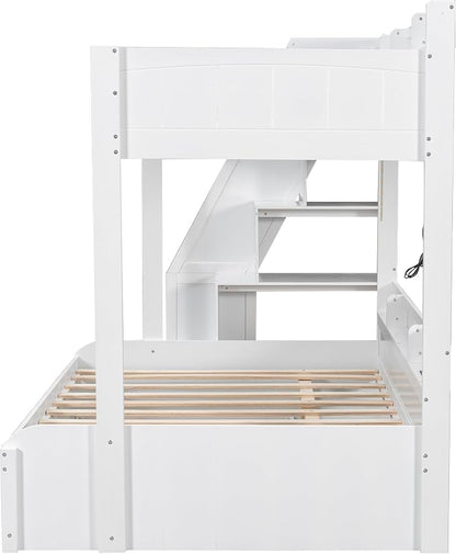 RUNNA Twin Over Full Bunk Bed with Trundle,Storage Stairs,USB,White | Twin over full bunk bed with trundle, storage stairs, shelves, USB, solid pine wood, guardrails, no box spring needed