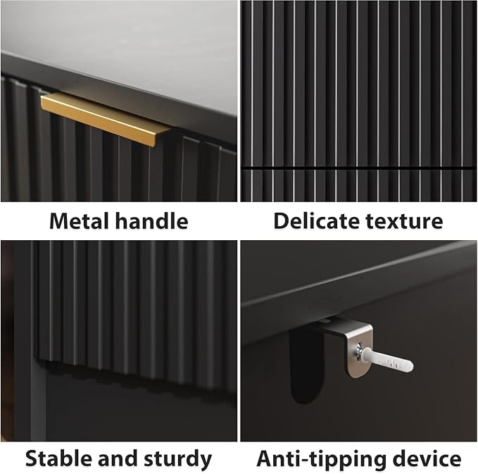 MAISONARIA 3-Piece Dresser Bedroom Set, 8 Drawer Dresser & 3 Drawer Nightstands with Gold Handles, Fluted Wood Chest of Drawers for Bedroom, Living Room, Entryway, Black