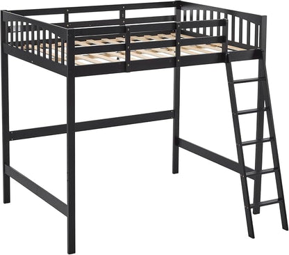 VINGLI Loft Bed Full Size with 15 inches Guardrail/USB Charging Station/LED, Solid Wood Double High Sleeper with Flat Rungs for Kids/Teens/Adults,No Box Spring Needed, Black