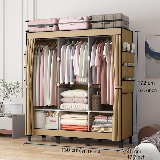 Portable Closet, 51.18" Large Capacity Wardrobe with 3 Hanging Rods, 6 Shelves & 18 Side Pockets, Dustproof Organizer for Bedroom, Dorm & Apartment (Cream Colour, Large)