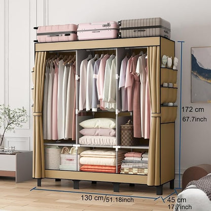 Portable Closet, 51.18" Large Capacity Wardrobe with 3 Hanging Rods, 6 Shelves & 18 Side Pockets, Dustproof Organizer for Bedroom, Dorm & Apartment (Cream Colour, Large)