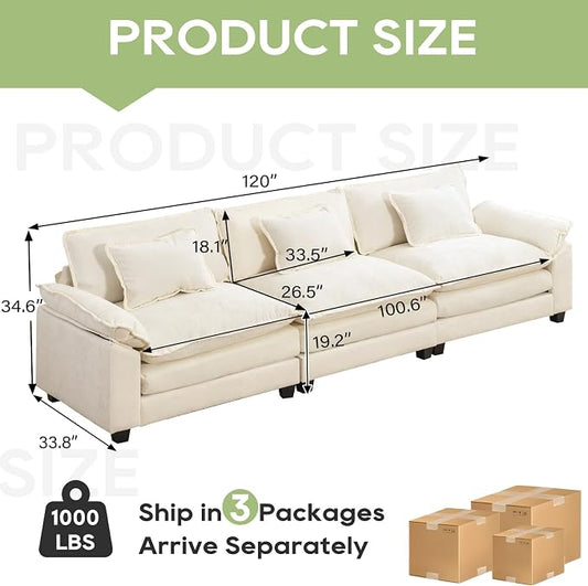 Oprisen 120" Modular Sectional Sofa, Comfy Cloud Couch Sectional Sofa, Chenille Sofa Sleeper Deep Seat Sofa with Throw Pillows for Living Room (Beige White, 120"- 3 Seater)
