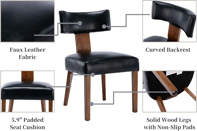 RIVOVA Set of 4 Mid Century Modern Dining Chairs, Farmhouse PU Leather Upholstered Dining Room Chairs Kitchen Chairs Side Chairs with Curved Backrest Wood Legs, Black
