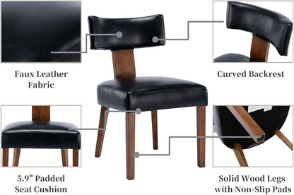 RIVOVA Set of 4 Mid Century Modern Dining Chairs, Farmhouse PU Leather Upholstered Dining Room Chairs Kitchen Chairs Side Chairs with Curved Backrest Wood Legs, Black