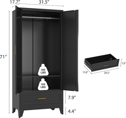 Metal Wardrobe Closet Cabinet with Drawers,71" H Large Bedroom Armoires with Shelves and Hanging Rod,Wardrobe Storage Cabinet with 2 Doors, 1 Adjustable Shelf and Drawers (1Drawer, Black)