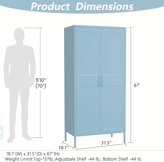 Lockable Metal Wardrobe Closet with Hanging Rod and 3 Adjustable Shelves,67" Metal Storage Cabinet with 2 Doors,Steel Armoire Wardrobe Closet for Bedroom Living Room Cloak Room (Blue)