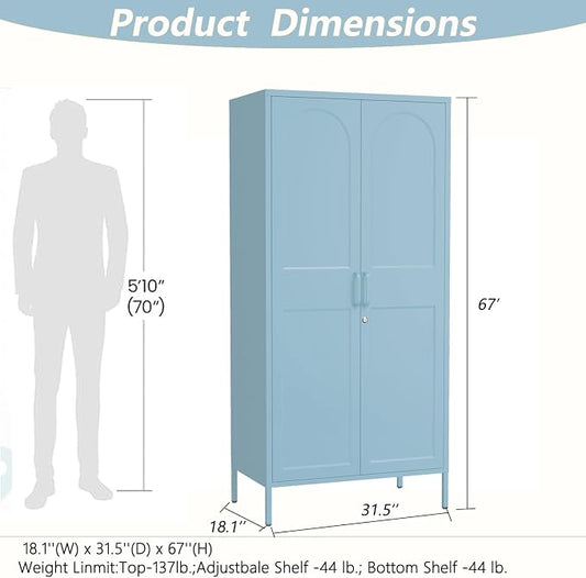 Lockable Metal Wardrobe Closet with Hanging Rod and 3 Adjustable Shelves,67" Metal Storage Cabinet with 2 Doors,Steel Armoire Wardrobe Closet for Bedroom Living Room Cloak Room (Blue)