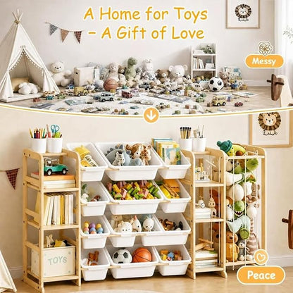 Toy Storage Organizer 4-in-1 Stuffed Animal Storage with 2 Bookshelf and 12 Plastic Bins - Toys Organizer for Kids Room - Wooden Toy Rack for Playroom, Bedroom, Nursery Decor
