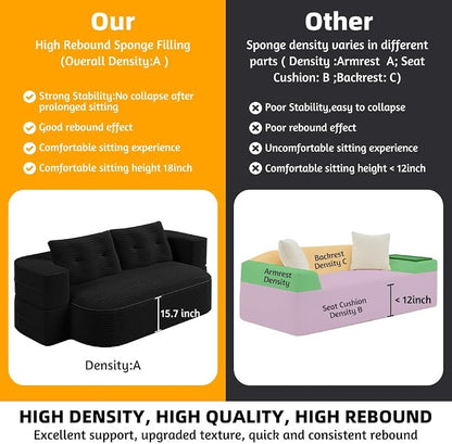 78.7" Futon Sofa Bed, 2-in-1 Foldable Sleeper Sofa, Convertible Sofa Bed with Pillows, Corduroy Couch with Multi Functional Blanket Upholstered Boneless Couches for Living Room, Jet Black
