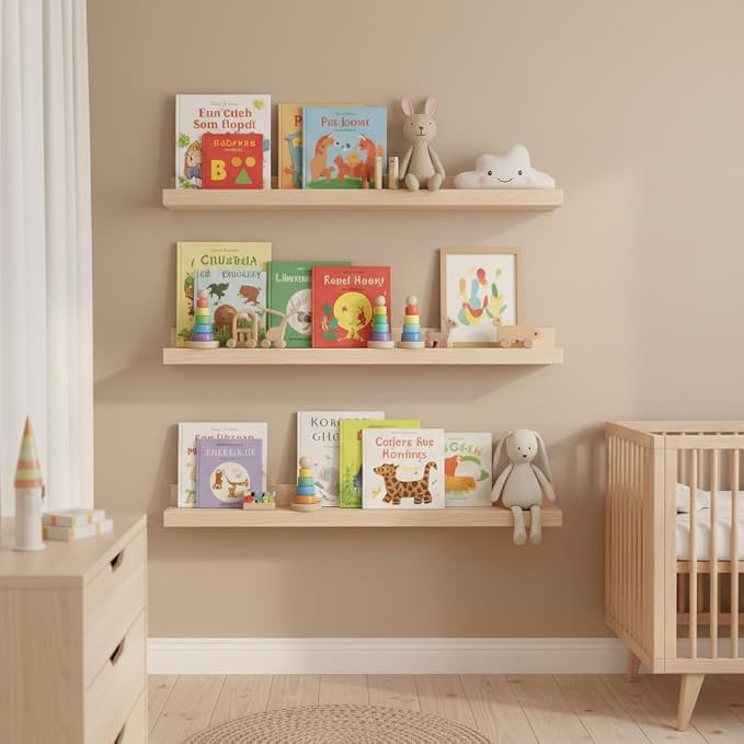 MBYD 36 Inch Natural Wood Floating Picture Ledge Shelf, Wall Mounted Nursery Bookshelf for Kids Books, Vinyl Records & Photo Display, Rustic Farmhouse Wall Decor for Bedroom, Living Room & Nursery