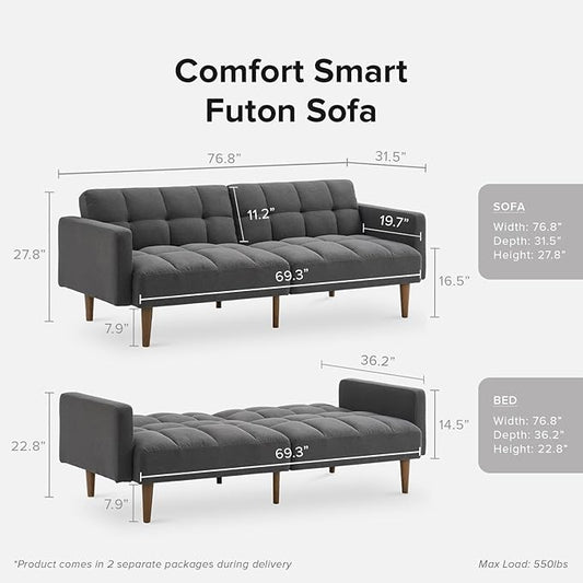 mopio Aaron 76.8" Couch, Small Futon Sofa Bed, Sleeper, Loveseat, Mid Century Modern Futon Couch, Sofa Cama, Couches for Living Room, Bedroom (Dark Grey Fabric)