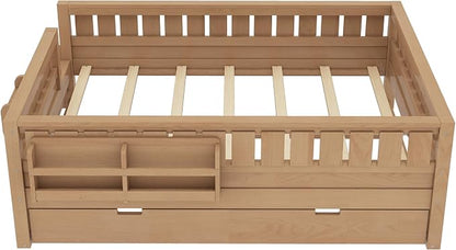 Bellemave Full Kids Montessori Bed with Stairs, Bookshelf and Trundle, Solid Wood Kids Bed Frame with Storage for Boys Girls, Low Profile,Natural