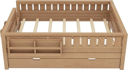 Bellemave Full Size Kids Bed with high Rails and with Built-in Bookshelf and Trundle for Kids, Girls, Boys, Wood Montessori Bed Without Door, Natural