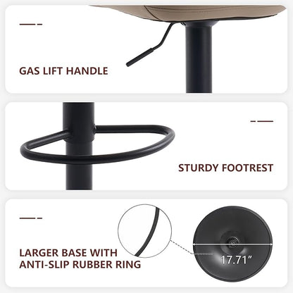 Kidol & Shellder Adjustable Bar Stools Set of 2, Faux Leather Counter Height BarStools with Back and Metal Base, Modern Mid Century Upholstered Bar stools for Kitchen Island Khaki