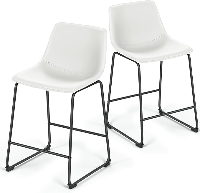 Athena Collection 23'' Counter Height Bar Stools Bar Chairs Set of 2 Modern PU Leather Bucket Chairs with Back Soft Foam Filled Metal Frame Bar Stools with Footrest for Pub, Bistro, Kitchen, White