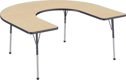 FDP Horseshoe Activity School and Office Table (60 x 66 inch), Standard Legs with Ball Glides for Collaborative Seating Environments, Adjustable Height 19-30 inches - Maple Top and Navy Edge