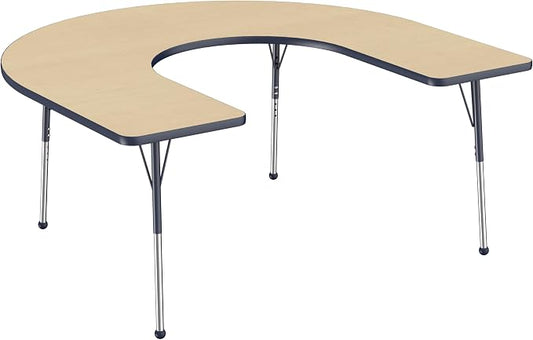 FDP Horseshoe Activity School and Office Table (60 x 66 inch), Standard Legs with Ball Glides for Collaborative Seating Environments, Adjustable Height 19-30 inches - Maple Top and Navy Edge