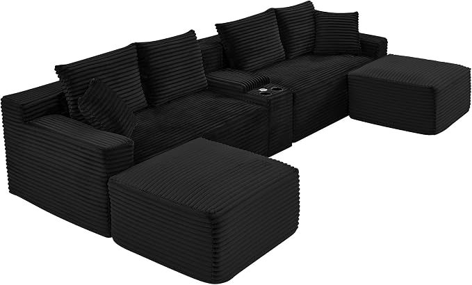 127" U-Shaped Cloud Sectional Couch Oversized Modular Compressed Boneless Sectional Sofa with Ottoman Chaise Lounges & Console, Plush Corduroy Boneless Symmetrical Sofa
