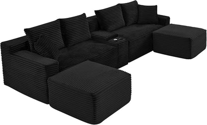 127" U-Shaped Cloud Sectional Couch Oversized Modular Compressed Boneless Sectional Sofa with Ottoman Chaise Lounges & Console, Plush Corduroy Boneless Symmetrical Sofa