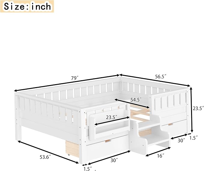 Bellemave Full Size Bed with Slats and Stairs, Full Size Platform Bed Frame with Fence, Bookshelf and Storage Drawers, Easy Assemble Beds for Kids, Girls, Boys, White