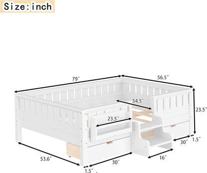 Bellemave Full Size Kids Bed with high Rails and with Built-in Bookshelf and Drawers for Kids, Girls, Boys, Wood Montessori Bed Without Door, White