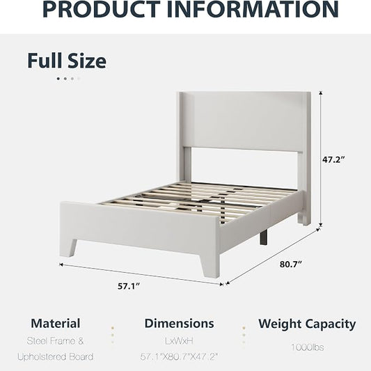 Full Size Bed Frame with Faux Leather Upholstered Headboard, Wear-Resistant, Easy Clean, Mattress Foundation, No Box Spring Required, Easy Assembly, Grey