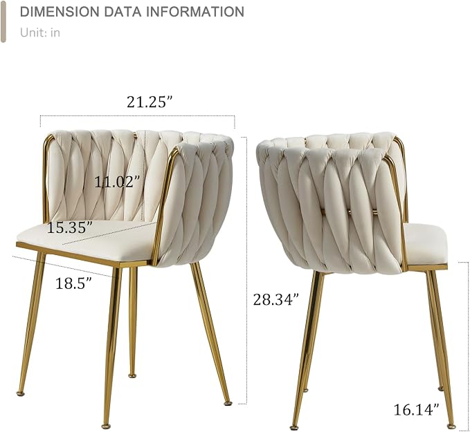 Velvet Dining Chairs Set of 6, Modern Upholstered Dining Room Chairs with Golden Metal Legs and Woven Backrest for Dining Room, Kitchen, Vanity, Living Room (Beige)