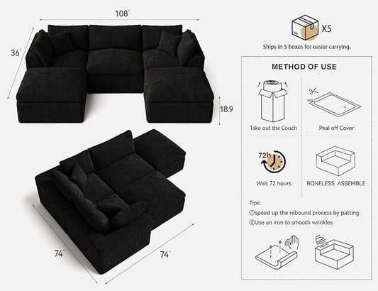 Cloud Sectional Couches for Living Room | 108 Inch U-Shaped Boneless Couch with Ottoman | Black Modular Sectionals Sofa Couch