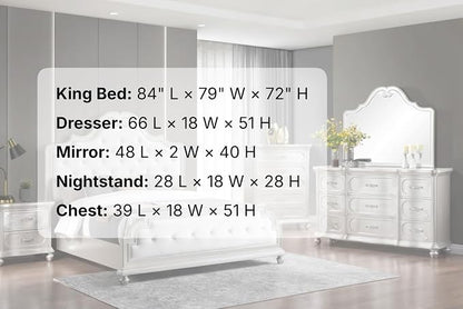 First of a Kind Roma Silver Finish Traditional 5 Piece King Bedroom Set with Upholstered Tufted Headboard Classic European Style Coordinated Furniture Collection