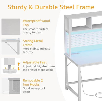 White Gaming Desk with Hutch and Pegboard - Computer Desk with Hutch, Power Outlet, 47 Inch Art Desk with Storage, Hooks, RGB and Side Bag, Writing Modern Study Teen Desks for Girl Bedroom Home Office
