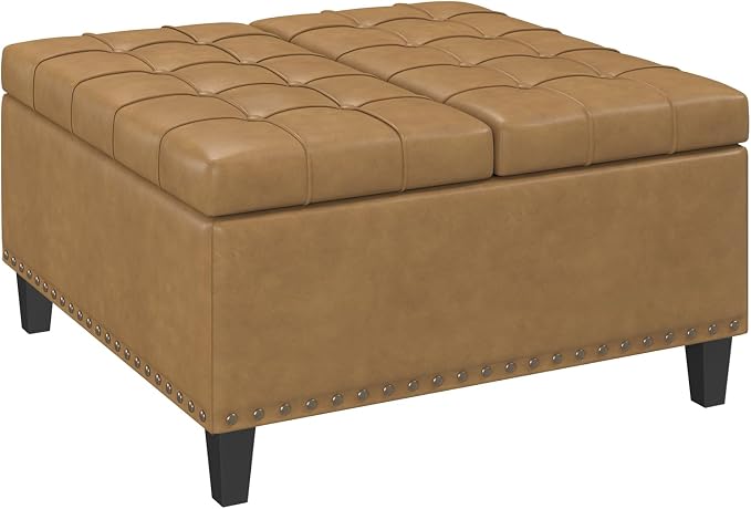 FiveWillowise Square Leather Ottoman with Storage, Faux Leather Coffee Table with Lift Top,Large Upholstered Footrest Stool Toy Box Storage Bench for Bedroom Living Room, Camel