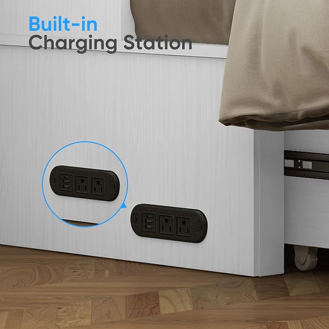 PUREMIND Queen Murphy Bed with Mattress Included, Multi-Functional Hideaway Cabinet Bed with Storage Drawer, USB Charging Port and Folding Bedside Panel, Space Saving Chest Beds Wallbed for Guest Room