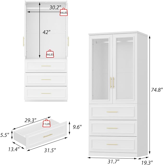 WOODTIME Wardrobe Closet with Hanging Rod, 3 Framed Drawers & 2 Glass Doors, Modern Wooden Armoire, Clothes Storage Cabinet Organizer for Bedroom Apartment, White