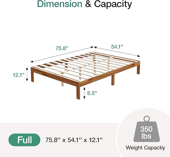 Novilla 12 Inch Wooden Full Size Bed Frame, Full Size Platform Bed Frame Without Headboard, Sturdy Wood Slat Support, No Box Spring Needed, Easy Assembly, Natural
