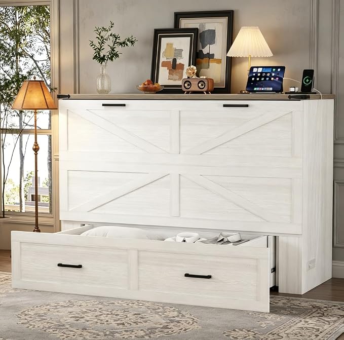 Bellemave Queen Size Murphy Bed with Charging Station and Storage, Farmhouse Murphy bedframe with Foldable Panel, Noisy Free, for Guest Bedroom, Living Room, Office, White