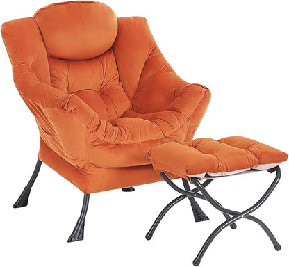 Lazy Chair with Ottoman, Modern Accent Chair Contemporary Sofa Chair with Armrests, Reading Chair and Folding Footstool Set for Living Room, Bedroom, Orange