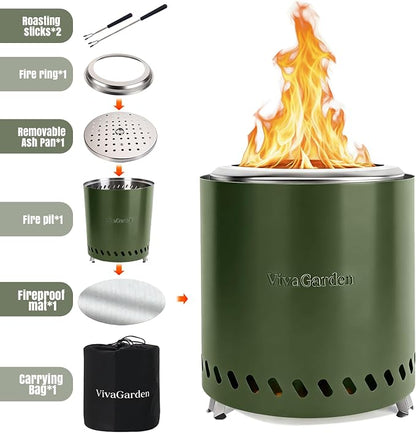 9.5 X 8.6 Inch Tabletop Fire Pit, VivaGarden Portable Firepit, Smokeless Table Top Firepit, Safe Burning Camping Stove, Fueled by Pellets or Wood, Forks, Mat & Travel Bag Included, Green
