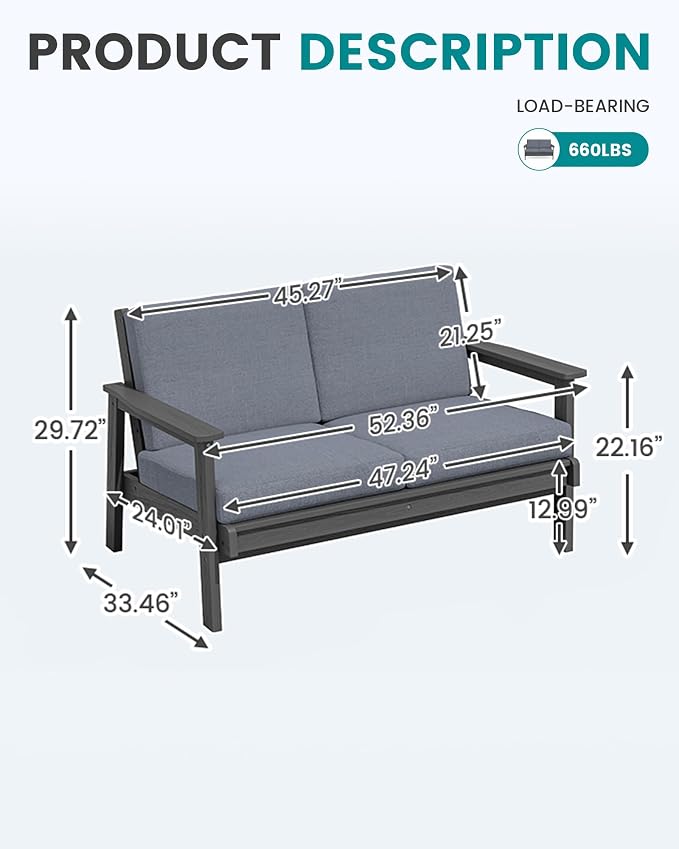 SERWALL HDPE Outdoor Patio Loveseat, All Weather Wood-Like Outdoor Sofa HDPE Outdoor Furniture, Grey Frame and Grey Cushion